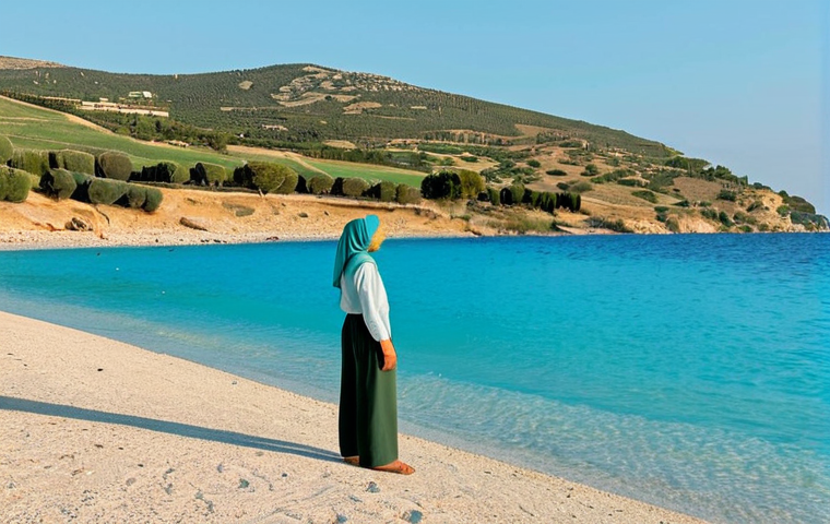 A serene outdoor scene of a person of indeterminate gender, wearing modest, comfortable long-sleeved attire and trousers, standing calmly on a pristine golden sand beach. The crystal-clear turquoise waters of the Mediterranean Sea gently lap the shore in the foreground. In the distance, rolling green hills are dotted with ancient olive trees under a soft, pastel-colored sunrise sky. The atmosphere is peaceful and inviting, captured with professional photography in natural light.
    *   **Safety & Quality Modifiers:** fully clothed, appropriate attire, modest clothing, perfect anatomy, correct proportions, natural pose, well-formed hands, proper finger count, natural body proportions, safe for work, appropriate content, family-friendly, professional, high quality, ultra-detailed.