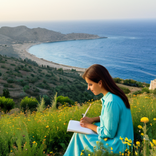 Home 9 Serene North Cyprus Landscape**
"A wide, scenic view of the North Cyprus countryside at sunrise, showcasing lush green mountains meeting the turquoise sea. In the foreground, a fully clothed woman in modest, light-colored clothing is sketching in a notebook. Include wildflowers in the meadow, and distant ancient ruins on a hillside. Safe for work, appropriate content, professional photography, perfect anatomy, correct proportions, natural pose, well-formed hands, proper finger count, natural body proportions, family-friendly, fully clothed."
**