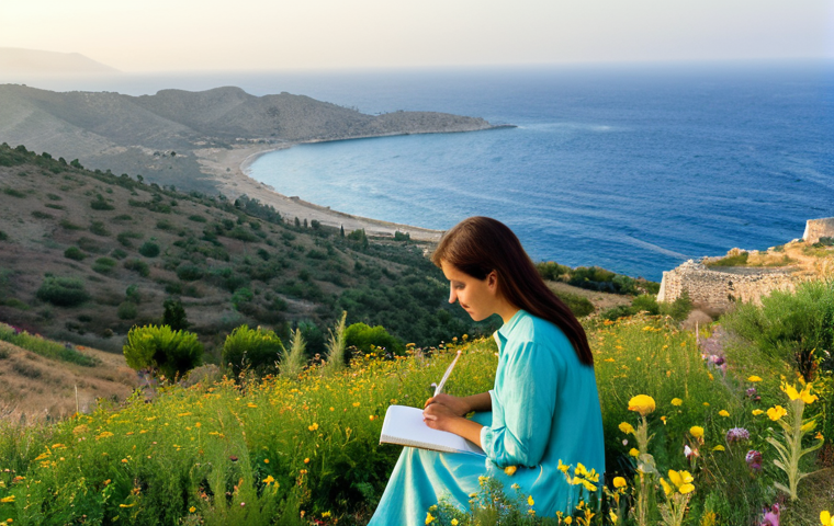 Serene North Cyprus Landscape**

"A wide, scenic view of the North Cyprus countryside at sunrise, showcasing lush green mountains meeting the turquoise sea. In the foreground, a fully clothed woman in modest, light-colored clothing is sketching in a notebook. Include wildflowers in the meadow, and distant ancient ruins on a hillside. Safe for work, appropriate content, professional photography, perfect anatomy, correct proportions, natural pose, well-formed hands, proper finger count, natural body proportions, family-friendly, fully clothed."

**