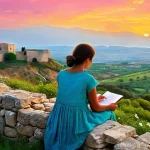 Home 14 북키프로스 젊은 예술가들 - **Prompt:** "A young female artist, dressed in modest, casual attire, sits serenely on a low stone w...