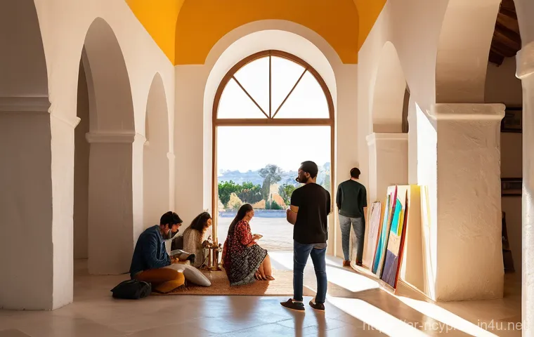 북키프로스 젊은 예술가들 - **Prompt:** "Inside a grand, ancient stone caravanserai in Northern Cyprus, a stunning modern digita...