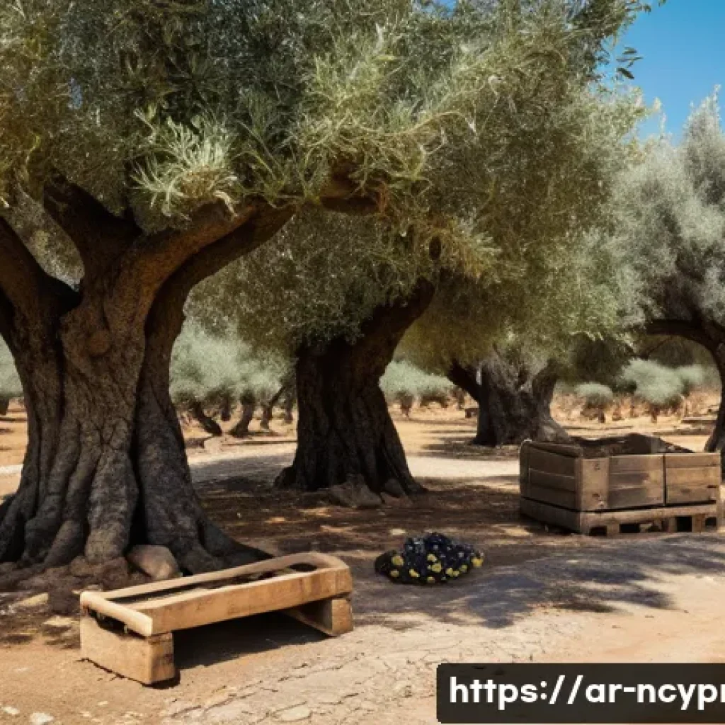 북키프로스 올리브 산업 - A traditional olive farm scene in northern Cyprus during harvest season, showcasing elderly farmers ...