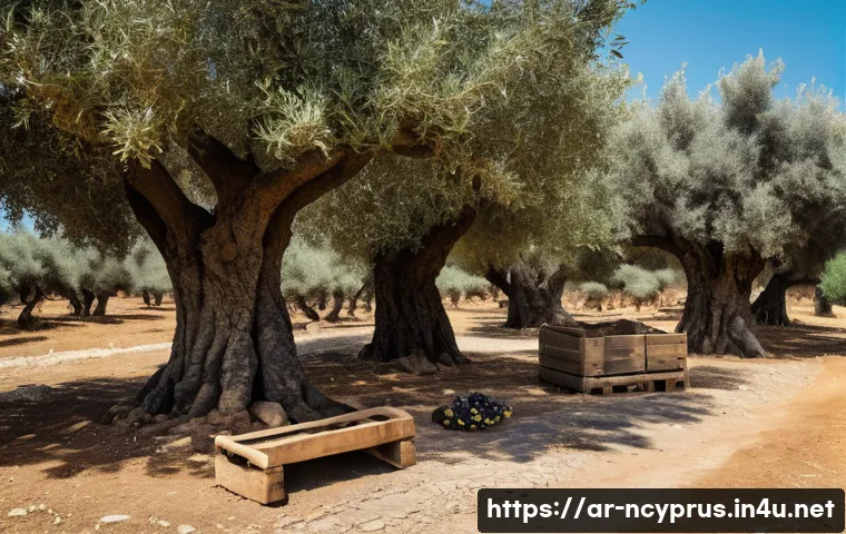 북키프로스 올리브 산업 - A traditional olive farm scene in northern Cyprus during harvest season, showcasing elderly farmers ...