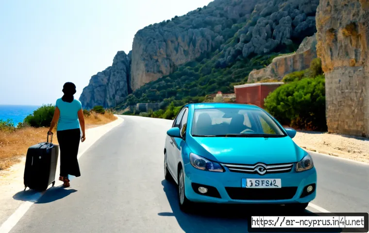 북키프로스 렌터카 가이드 - Photorealistic travel scene in Northern Cyprus, a modern compact rental car parked beside a sunlit M...