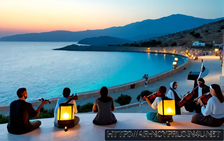 북키프로스의 음악 축제 - Photorealistic evening music festival in North Cyprus, open-air seaside amphitheater near Kyrenia, A...
