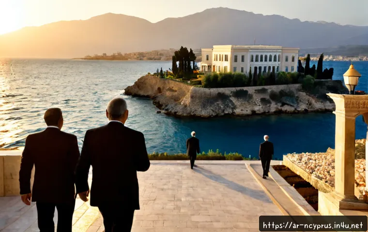 북키프로스 독립 과정 - Photorealistic historical documentary scene of a Mediterranean island political transition, wide vie...