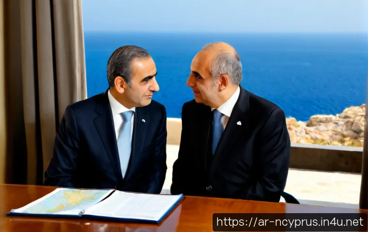 북키프로스와 그리스의 관계 - Photorealistic diplomatic meeting exploring relations between Northern Cyprus and Greece, two senior...